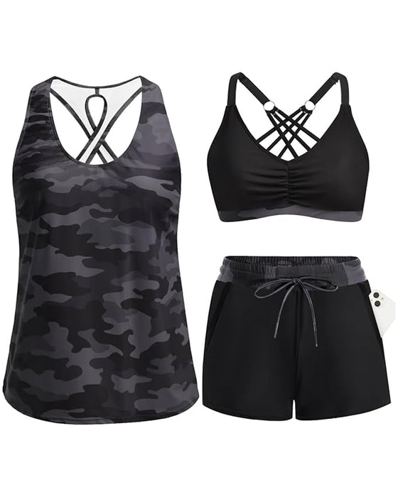 Bedekking En Bikini Crisscross Mouwloze Top + Trekkoord Bedrukte Broek Voor
