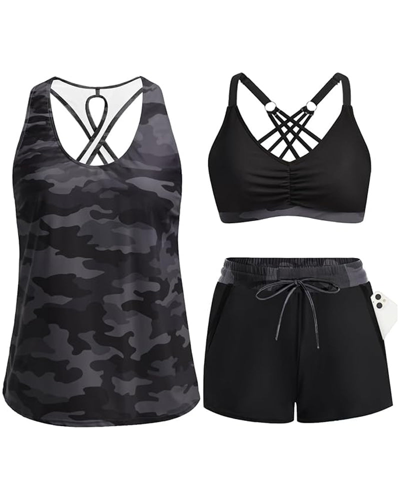 Bedekking En Bikini Crisscross Mouwloze Top + Trekkoord Bedrukte Broek Voor