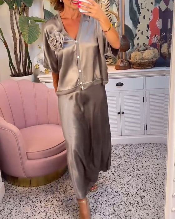 Casual effen kleur rok set met knoop en V-hals