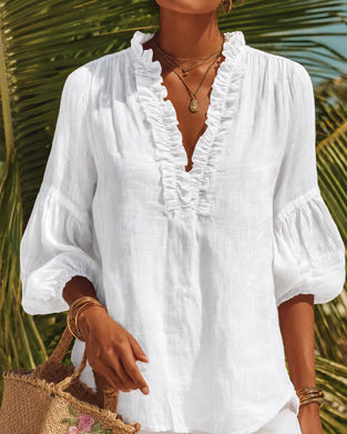 Blouse Ruffle Rand Pofmouw V-Hals