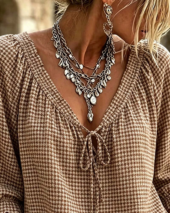 Blouse V-Hals Pofmouw Strik Ruitjesmotief