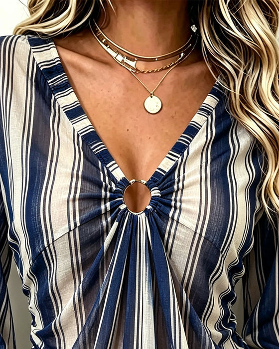 Top V-Hals Metalen Ring Holle Gestreept