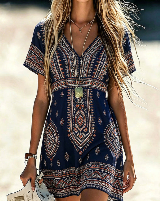 Jurk V-Hals Korte Mouwen Geometrische Print