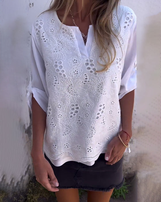 Blouse Effen Kleur Patchwork Bedrukt Oprolbare Mouw