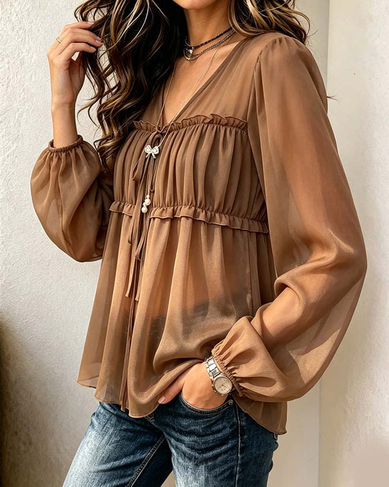 Blouse V-hals Lantaarnmouw Geplooid