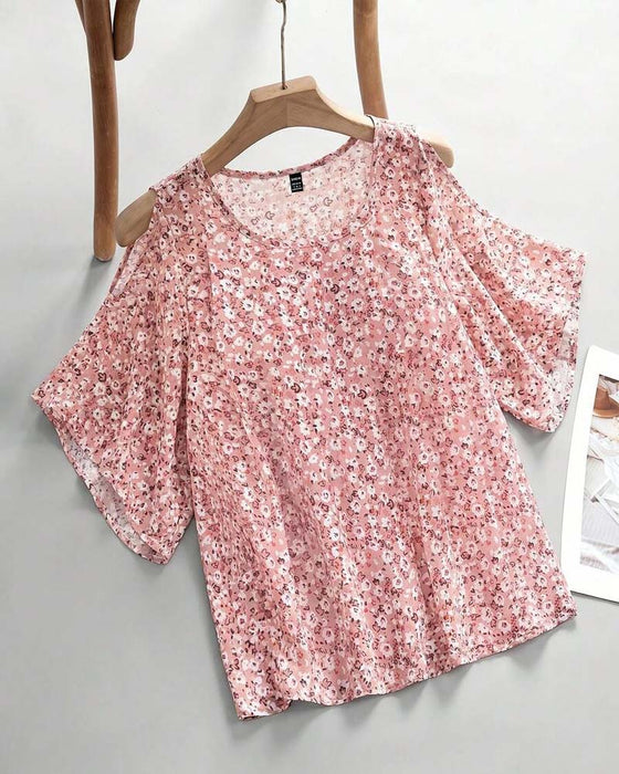 Blouse V-Hals Bloemen Off-Shoulder Flutter Mouw