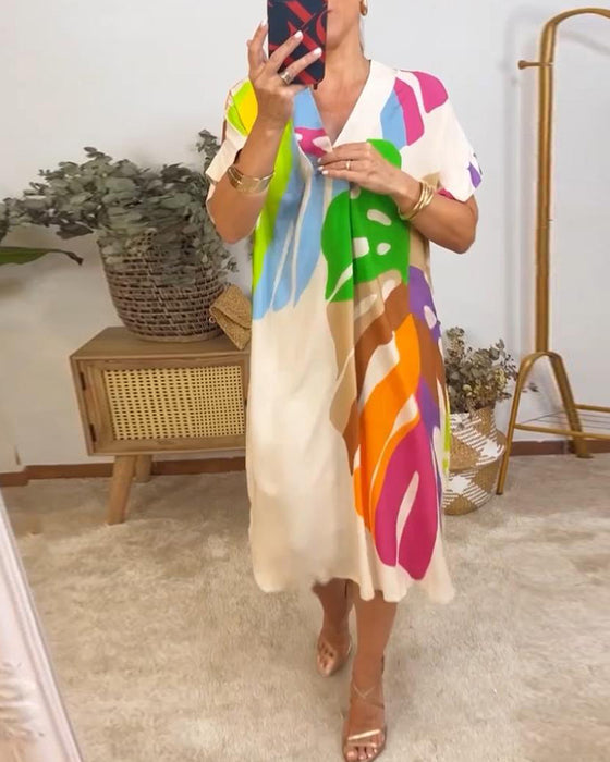 Casual jurkje met kleurrijke bladprint