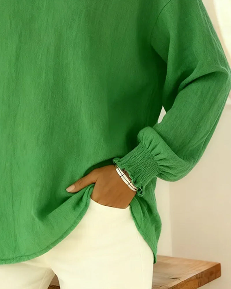 Blouse Katoen En Linnen Lantaarnmouw Kraag Effen Kleur