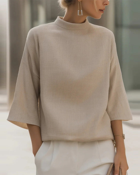 Blouse Staande Kraag Driekwart Mouw Effen