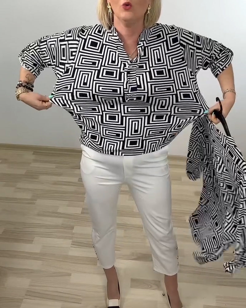 Overhemd Geometrisch Half-Open Kraag Driekwart Mouw