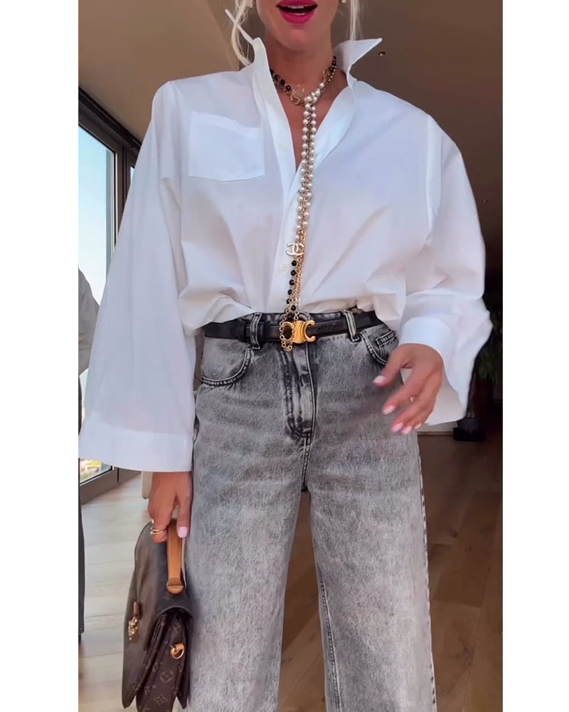 Overhemd Revers Effen Kleur Casual