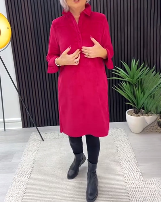 Effen Kleur Langmouwige Jurk Met Revers