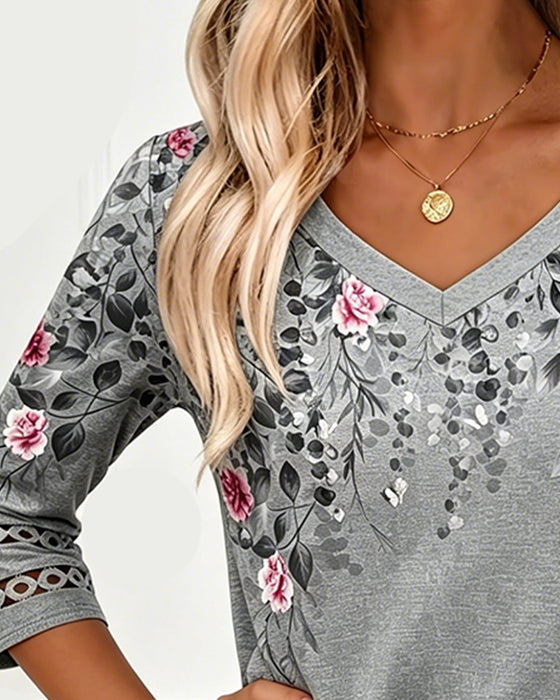 T-Shirt Bloemenprint V Hals Driekwartmouwen