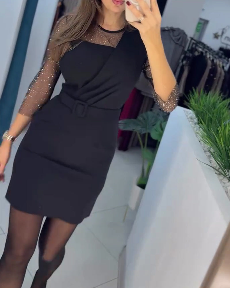 Jurk Mesh Kappe Rhinestone Slim Fit Heupomvattend