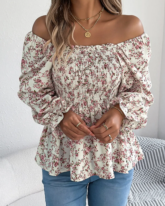 Blouse Vierkante Hals Gerimpeld Bloemig Ruffle