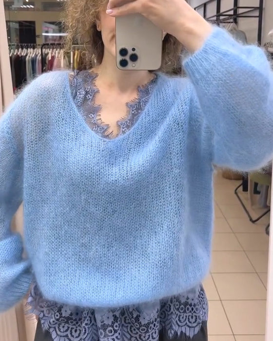 Pullover V-Hals Effen Patchwork