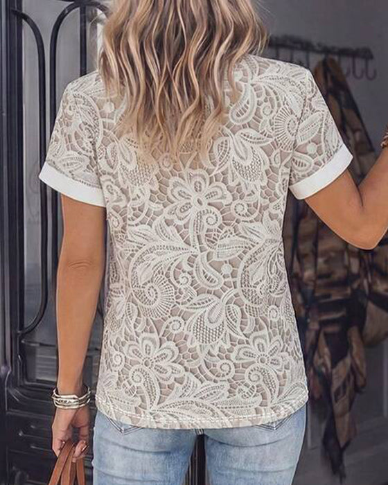 T-Shirt Uitsnijding Kant Korte Mouw