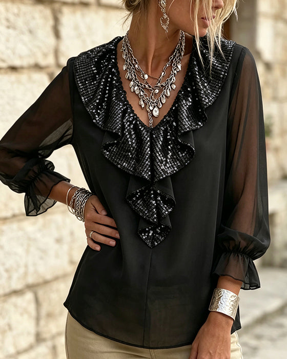 Blouse Stijlvol V-Hals Kant Rand Sheer