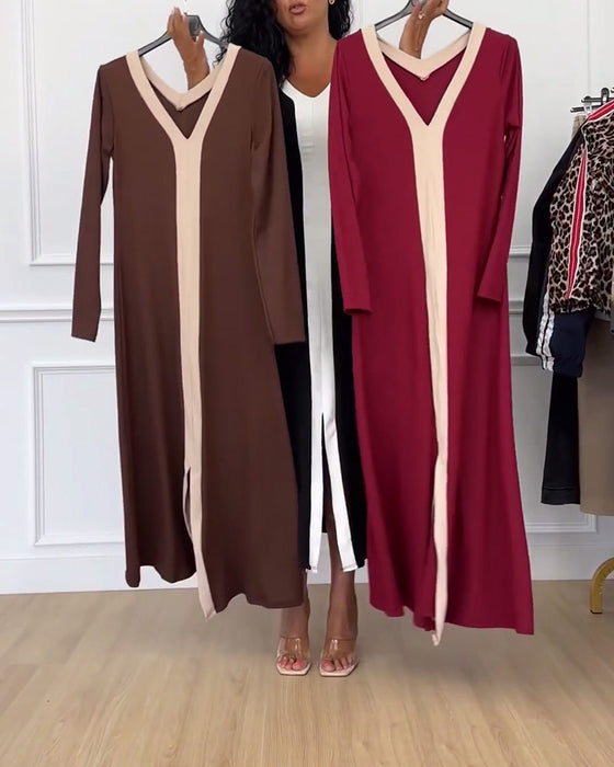 Contrasterende kleur V-hals split elegante jurk