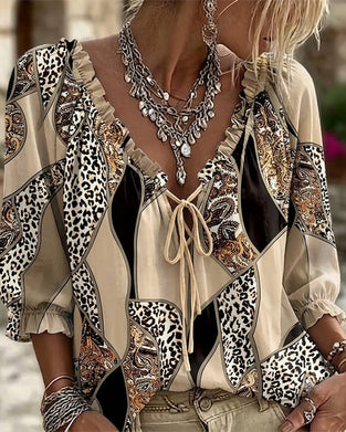 Blouse V-Hals Luipaard Pofmouw Strik
