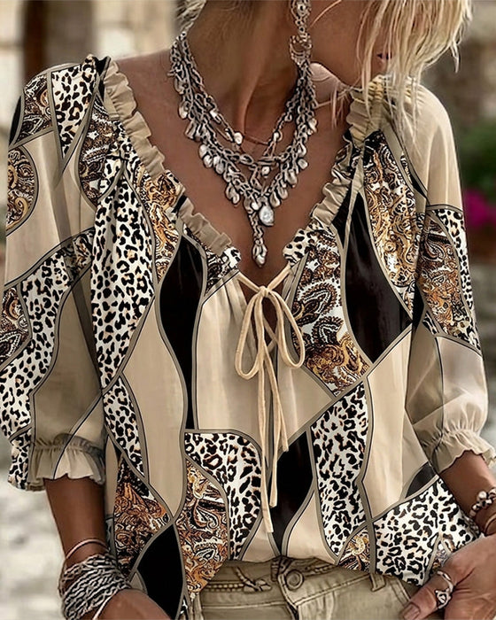Blouse V-Hals Luipaard Pofmouw Strik