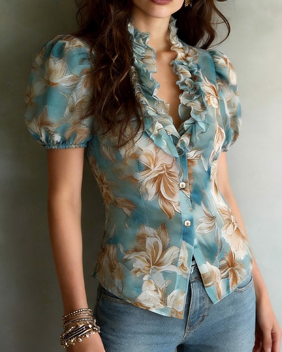 Blouse Met Ruches Bloemig Pofmouw