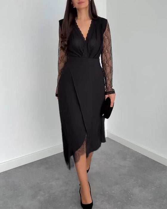 Tweedelig Set Met V-Kraag Kant Top, Asymmetrische Midirok En Elegante Stil