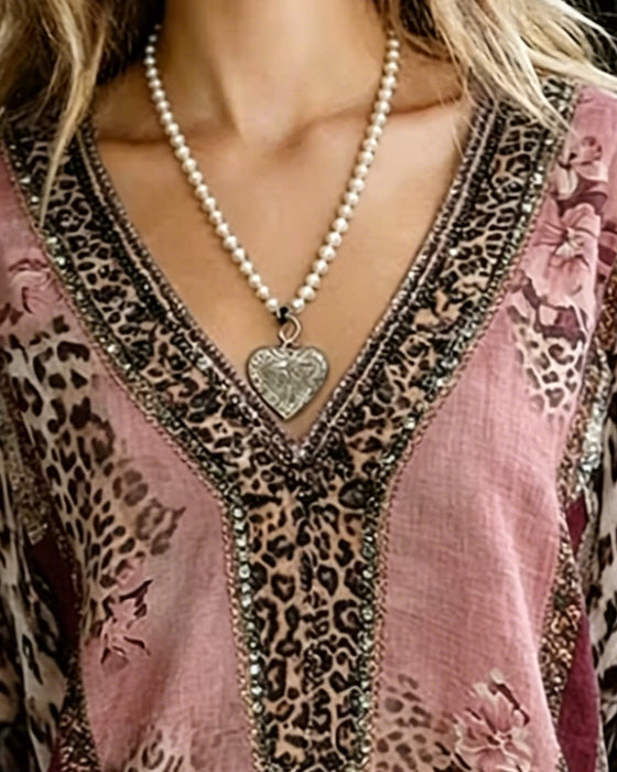 Blouse V-Hals Lantaarn Mouw Luipaard