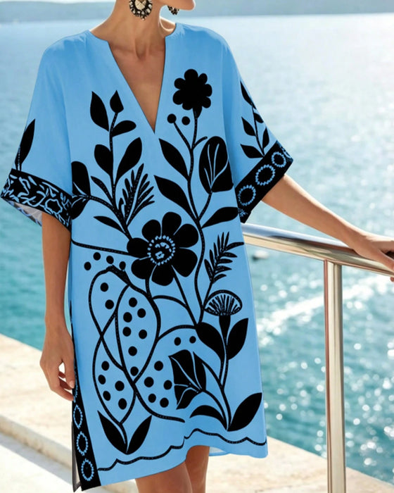 Jurk Floral Print V Hals Split