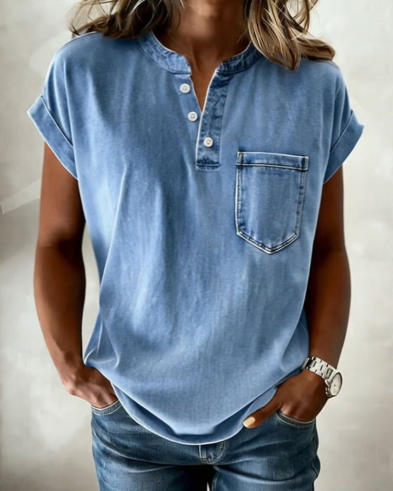 Top Gewassen Denim Henley Korte Mouw