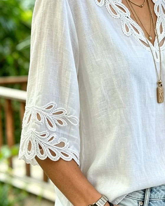 Blouse Hollow Out Kant V-Hals