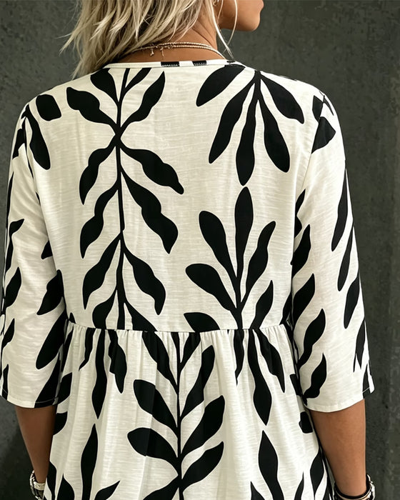 Blouse V-Hals Los Afdruk Korte Mouw