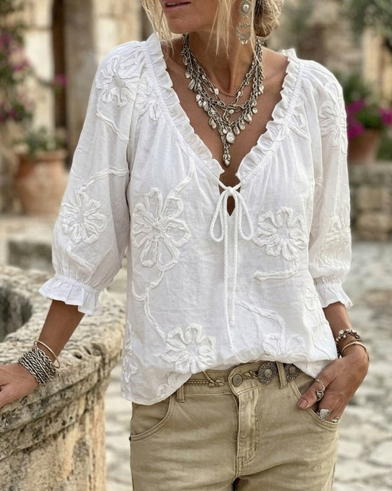 Blouse 100% Katoen V-Hals Wikkel Strik Gerafeld