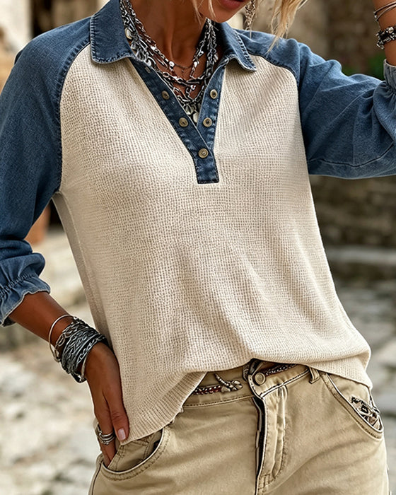 Blouse V-Hals Wafel Textuur Contrast Denim