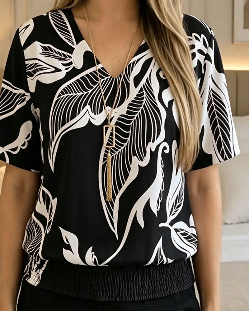 Blouse Bloemenprint Elastische Zoom Korte Mouw