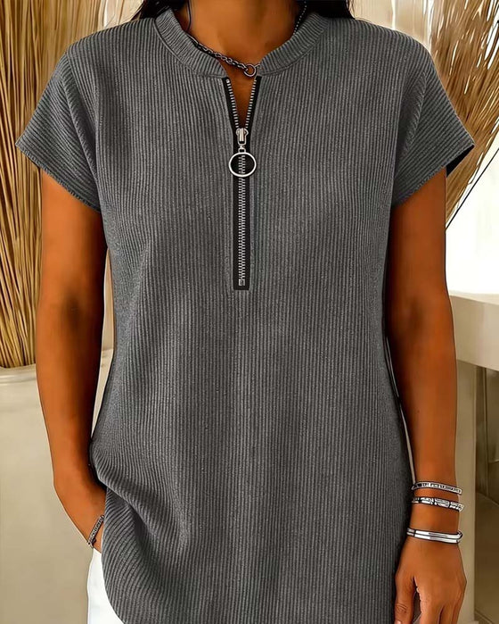 Blouse Effen Korte Mouw Rits
