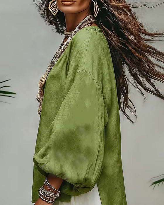 Blouse Casual Lantaarnmouw Effen Loose Fit