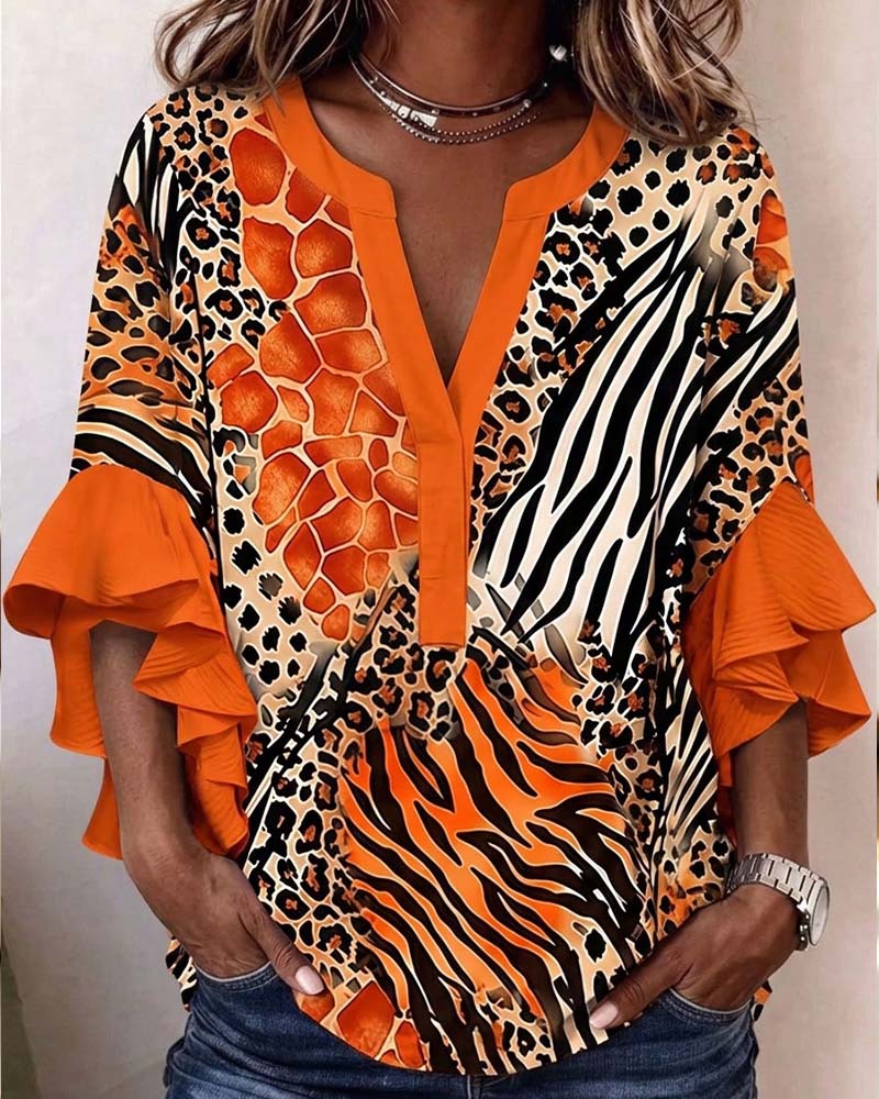 Blouse Zebra Luipaard Print Ruffle Mouw