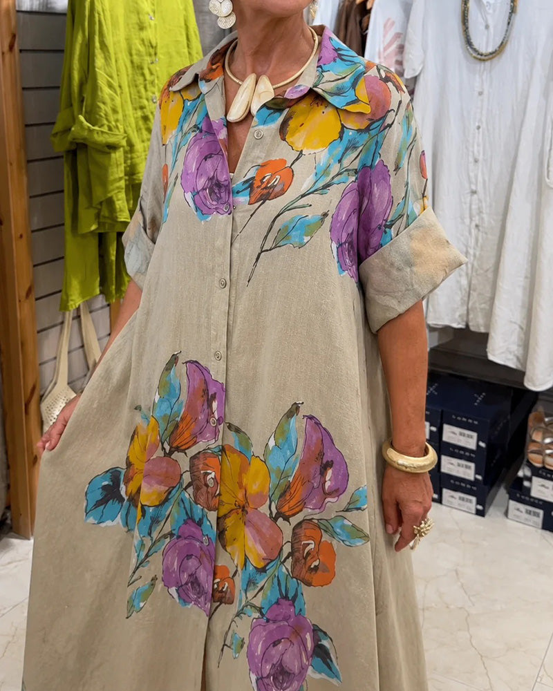 Jurk Aquarel Grote Bloem Print Slag Lang