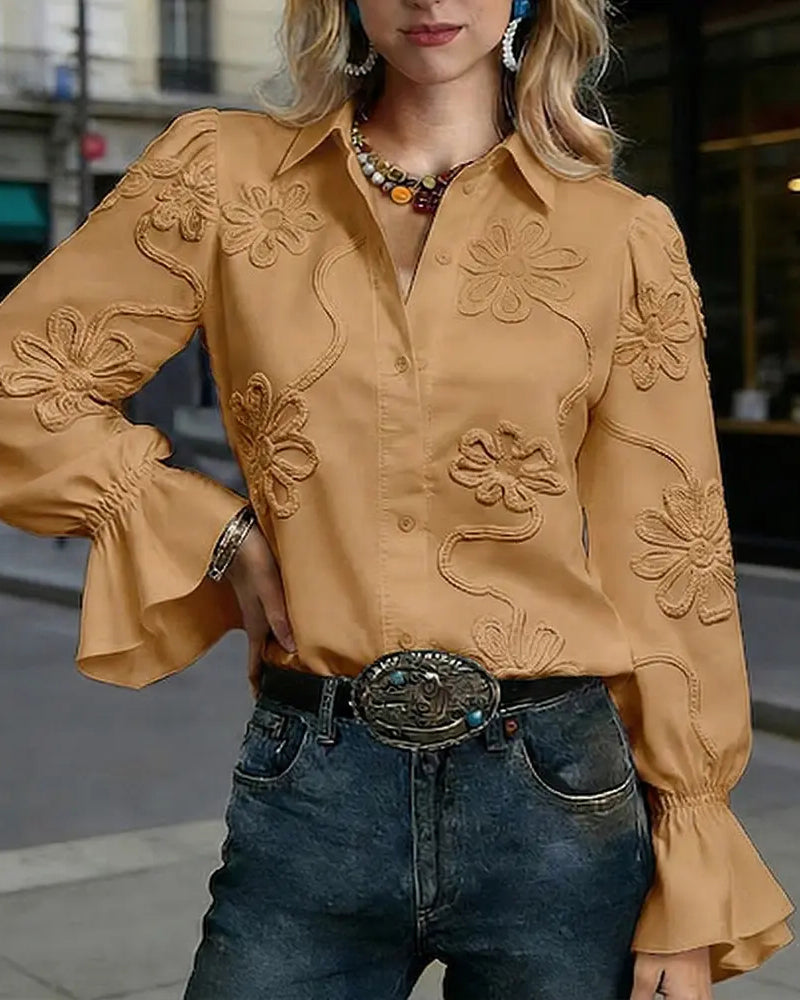 Shirt Bloem Uitlopende Mouw Mandarin Kraag