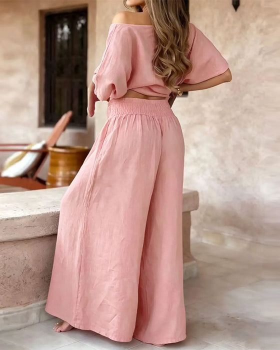 Set Effen Kleur Vleermuismouw Top Wijde Pijp Broek