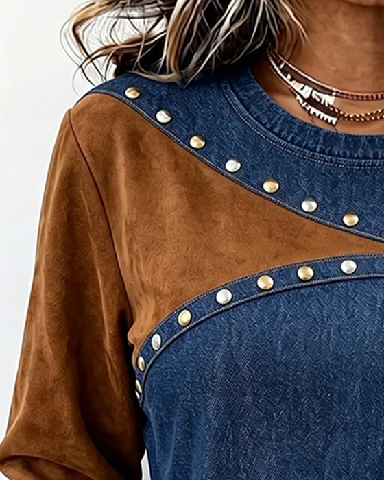 Top Ronde Hals Denim Spliced Kleurblok