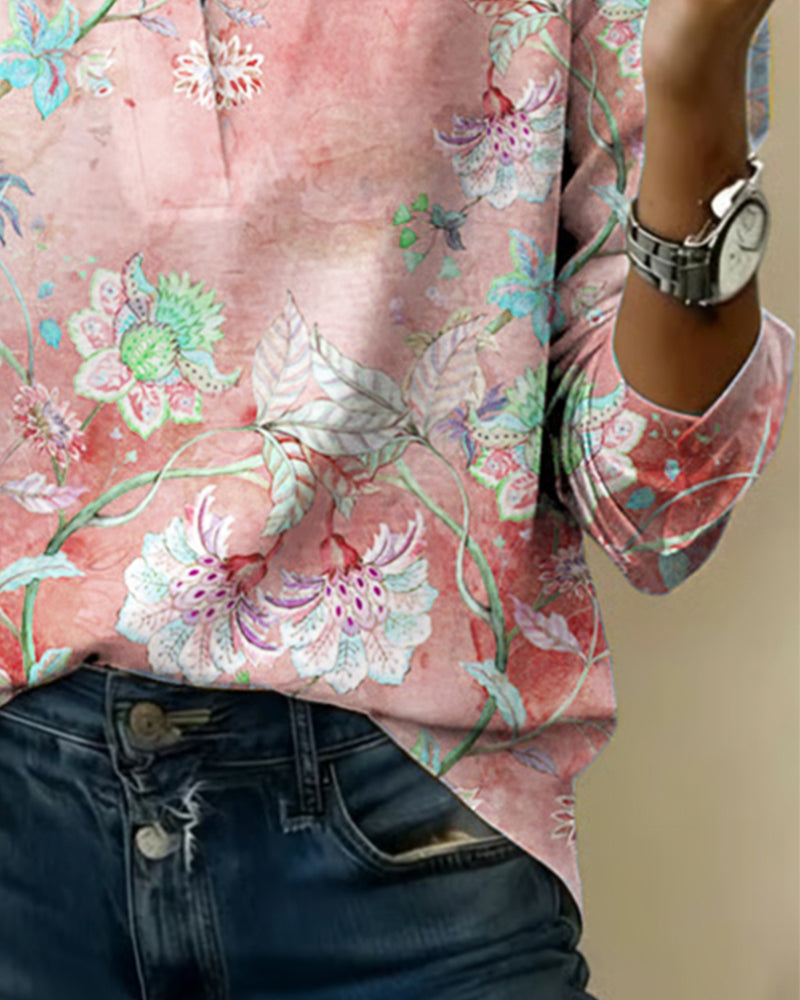 Blouse Opstaande Kraag Lange Mouw Bloemen