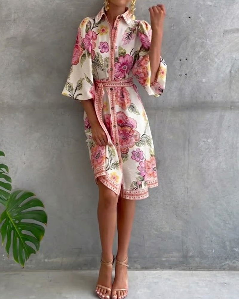 Jurk Frans Lantaarn Mouw Reverskraag Bedrukt