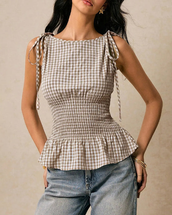 Blouse Mouwloos Ruitjes Binden Taille