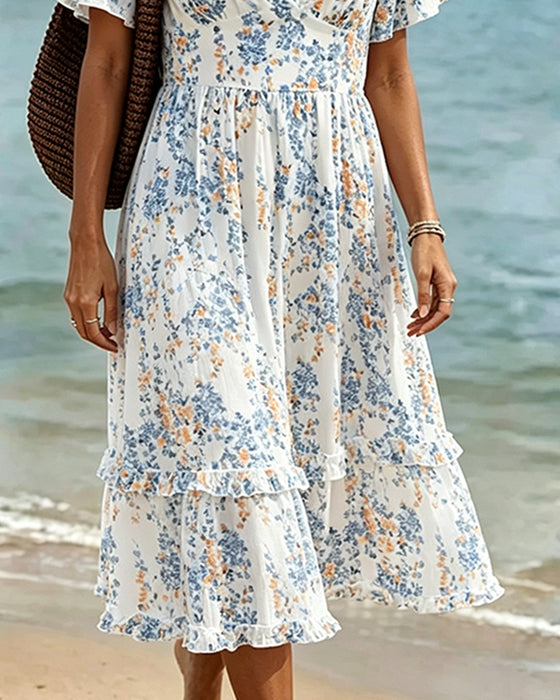 Jurk Bloemen Ruffle V-Hals Patchwork