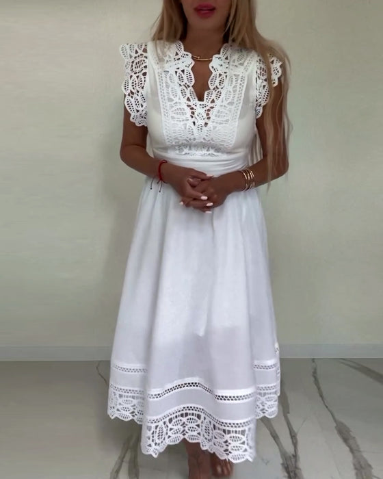 Elegante effen kanten mouwloze jurk met V-hals