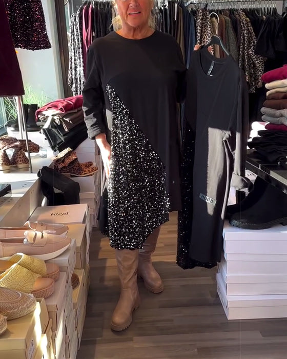 Jurk Glitter Panel Ronde Hals