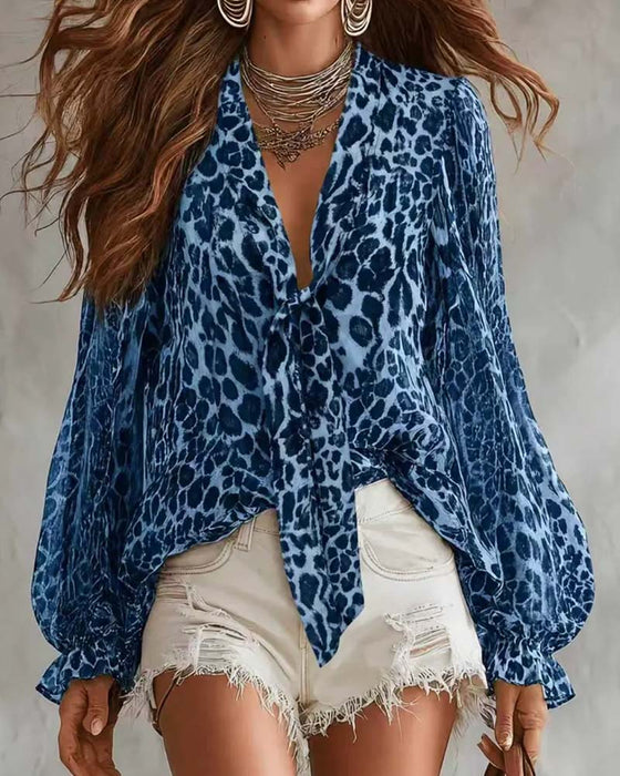 Blouse V‑hals Luipaardprint Doorzichtig Lange‑mouw
