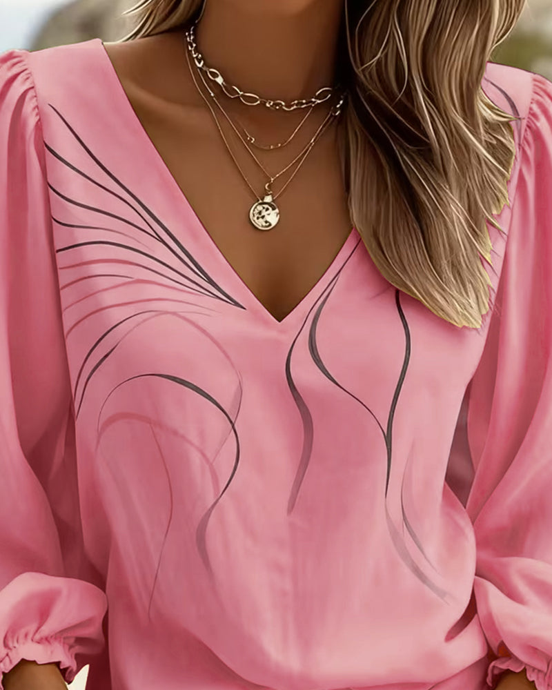 Blouse V-hals Lijn Gedrukt Poofmouw